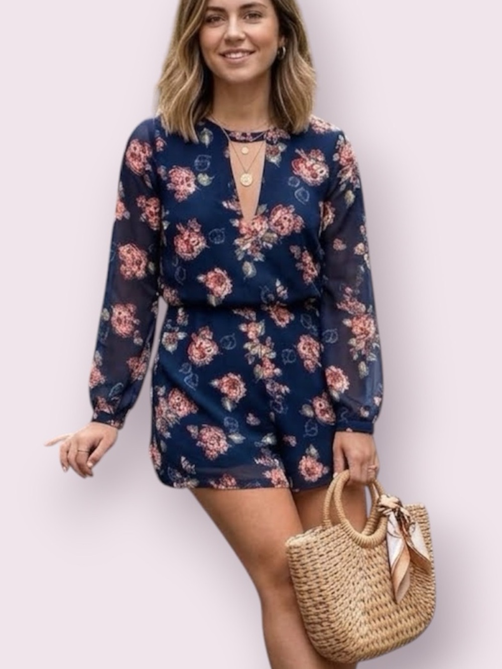 Abercrombie & Fitch Long Sleeve Shorts Romper Blue Floral Keyhole Front Size 2